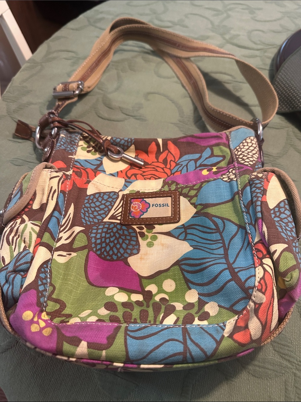 Fossil Floral Canvas Crossbody in Green, Blue, Purple, Brown